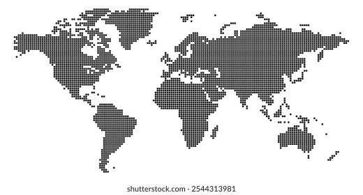 This political world map displays countries outlined in a grid of squares, illustrating geopolitical boundaries in a unique and abstract manner. It offers a modern representation of global geography.