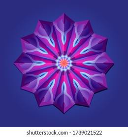 This is a polygon template. This is a purple pink neon geometric mandala. Asian floral pattern.
