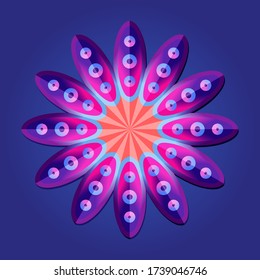 This is a polygon template. This is a purple pink neon geometric mandala. Asian floral pattern.