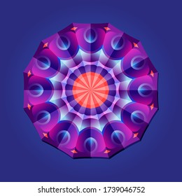 This is a polygon template. This is a purple pink neon geometric mandala. Asian floral pattern.