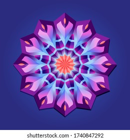 This is a polygon template. This is a purple pink neon geometric mandala. Asian floral pattern.