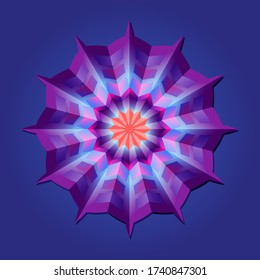 This is a polygon template. This is a purple pink neon geometric mandala. Asian floral pattern.