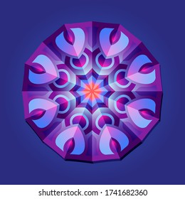 This is a polygon template. This is a purple pink neon geometric mandala. Asian floral pattern.