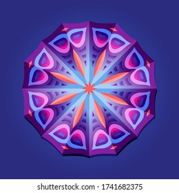 This is a polygon template. This is a purple pink neon geometric mandala. Asian floral pattern.