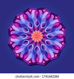 This is a polygon template. This is a purple pink neon geometric mandala. Asian floral pattern.