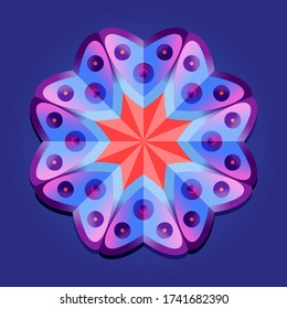 This is a polygon template. This is a purple pink neon geometric mandala. Asian floral pattern.