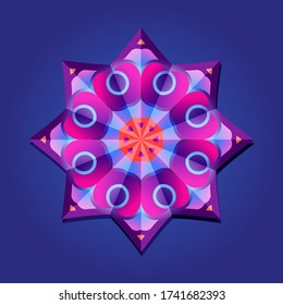 This is a polygon template. This is a purple pink neon geometric mandala. Asian floral pattern.