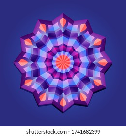 This is a polygon template. This is a purple pink neon geometric mandala. Asian floral pattern.