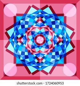 This is a polygonal pattern. This is a blue and pink geometric ornament. Kaleidoscope pattern. This is a vector arabic geometric symbol.