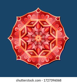 Das ist ein polygonales Muster. Das ist eine rote geometrische Mandala. Asiatische Blumenmuster. 