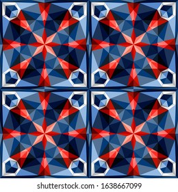 This is a polygonal red and blue background. Crystal kaleidoscope pattern and mandalas.