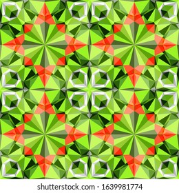 This is a polygonal red and green background. Crystal kaleidoscope pattern and mandalas.