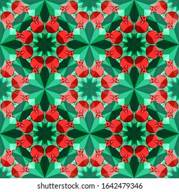 This is a polygonal red and green background with pomegranates. Crystal kaleidoscope pattern and mandalas.