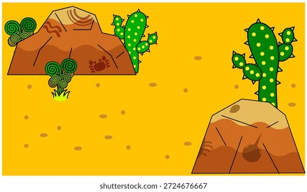Esta é uma ilustração de fundo pop de um deserto seco pontilhado por cactos e rochas.
