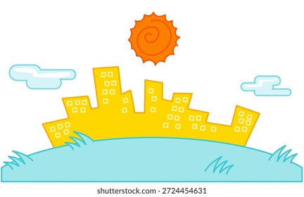 Dies ist eine Pop-Hintergrund-Illustration mit einer einfachen Abbildung eines Stadtlandes und der Sonne.