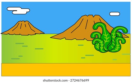 This is a pop background illustration that simply depicts the earth and mountains of the dinosaur era.