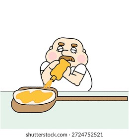 This is a pop and comical illustration of a craftsman-like man making pizza.