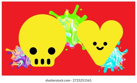 Esta es una ilustración de advertencia pop de un cráneo y un corazón dibujados en colores venenosos.