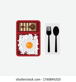 This is a pork box and fried egg in a red box with a black fix.