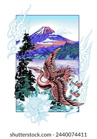 Este poster ilustrativo destroza el Monte Fuji con una grúa japonesa, llamas y flores. Es una mirada vívida a la belleza y simbolismo de Japón