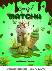 This poster features various matcha desserts, such as cakes, ice cream, mochi, or ice latte. The design is dominated by the fresh matcha green color, with appetizing visual elements. 