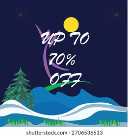 This poster features a winter-themed design with a snowy landscape and distant mountains under a dark blue sky. The background includes a large yellow moon, while the foreground has stylized snow-cove