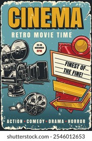 This poster invites viewers to a retro movie event showcasing various film genres. It highlights showtimes and offers a nostalgic vibe for cinema lovers.