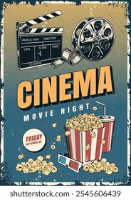 Este cartaz promove um evento de cinema noturno com um design vintage. Ele mostra uma pipoca de carretel de filme e enfatiza a data e tema de entretenimento.