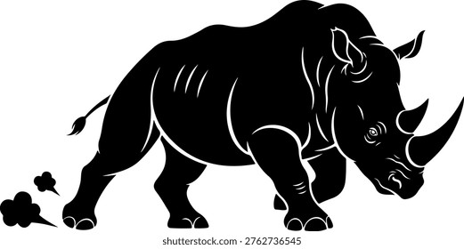This powerful black rhinoceros vector illustration depicts a dynamic, charging animal. It embodies strength, resilience, and untamed wild spirit, perfect for branding, logos, or design projects seeking a formidable, impactful, and iconic representation of natural power and determination.