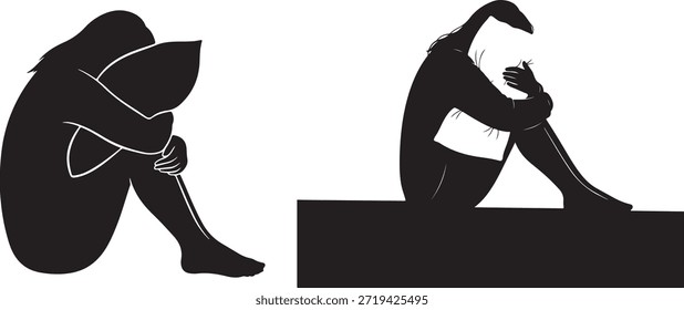 This powerful illustration depicts two individuals sitting alone in dark silhouette, conveying a sense of sadness, depression, and isolation. The stark contrast between the black figures and white background emphasizes the emotional intensity of the scene. The image can be used to represent mental health, sorrow, or emotional distress in various contexts, such as healthcare, wellness, or counseling.
