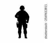 This powerful illustration features the silhouette of a person wearing tactical or military gear, standing upright and holding a firearm.