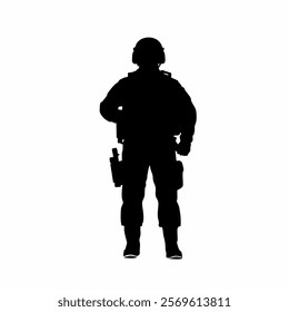 This powerful illustration features the silhouette of a person wearing tactical or military gear, standing upright and holding a firearm.