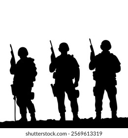 This powerful illustration features the silhouettes of three soldiers standing in a line, each holding a rifle pointed upwards.