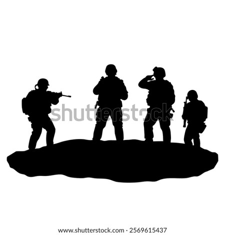 This powerful illustration features the silhouettes of four soldiers standing on a raised surface, each in a different pose.