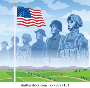 This powerful illustration represents Veterans Day in the United States, a national holiday observed annually on November 11th to honor all military veterans who have served in the armed forces. The date also marks the historical significance of the end of World War I, making it a moment of remembrance, respect, and national gratitude.

The scene depicts soldiers from different eras of American military history standing together in unity, symbolizing a collective tribute to veterans across generations. This visual representation highlights the shared values of duty, sacrifice, and service, regardless of time period or branch of service. By bringing together figures from various historical moments, the artwork emphasizes continuity and respect for all who have worn the uniform.

The United States flag is prominently displayed within the composition, reinforcing themes of national pride, patriotism, and unity. Its presence serves as a powerful backdrop that connects the soldiers and underscores their contribution to the nation’s freedom and security. The combination of historical representation and patriotic symbolism creates a deeply meaningful and respectful tribute.

Designed with a strong and balanced visual approach, this illustration is suitable for Veteran Day posters, educational materials, memorial events, social media campaigns, website banners, and commemorative publications. It effectively communicates themes of honor, remembrance, gratitude, and military heritage, making it ideal for both public and institutional use.

The artwork is crafted to ensure clarity and emotional impact, allowing viewers to easily connect with the message of appreciation for veterans. Its structured composition and symbolic elements make it a versatile design asset for awareness campaigns and patriotic storytelling.

This illustration serves as a respectful and meaningful tribute to all military veteran, capturing the spirit of unity, sacrifice, and national pride that defines Veteran Day in the United States.