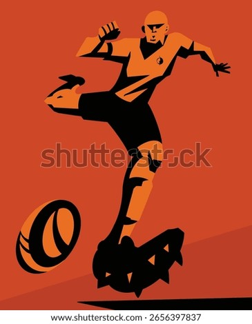 This powerful minimalist illustration showcases a futuristic football player mid-action, rendered in bold orange and black tones inspired by neo-pop and Zima Blue-style graphics.
