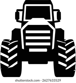 This powerful tractor icon features a solid black fill, emphasizing its robust construction. 