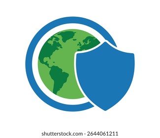 Este poderoso vetor EPS apresenta um globo verde rodeado por azul, com um escudo proeminente, simbolizando a proteção e segurança globais. Ideal para temas ambientais e de cibersegurança.