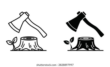 This powerful vector icon depicts a sharp axe positioned over a freshly cut tree stump symbolizing logging deforestation woodcraft or environmental impact. It is a clear and effective visual for forestry and conservation themes.