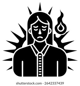 This powerful vector illustration depicts the concept of burnout and overwhelm, visualized through a stylized human figure engulfed in flames.
