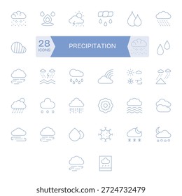Este paquete de iconos de precipitación incluye 32 Vectores de línea delgada, perfectos para mejorar las interfaces digitales.