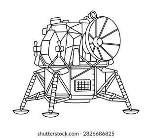 This precise black and white line art illustration showcases a lunar lander, complete with its distinctive landing gear and communication antenna. It's a perfect visual for educational resources, historical space
