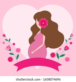 This is pregnant women and flowers on pink background. Cute vector illustration.