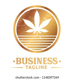 This premium business logo features a modern and elegant cannabis leaf symbol enclosed within a circular badge, designed with a luxurious gold gradient finish. The central leaf icon represents growth, nature, wellness, and sustainability, making it ideal for brands related to cannabis, CBD, hemp, herbal products, wellness industries, or eco-conscious businesses. The circular emblem conveys unity, professionalism, and trust, while the horizontal line elements below the leaf add balance and a contemporary aesthetic.