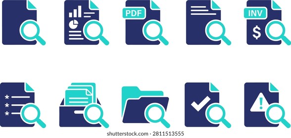 This premium colorful document search icon vector set features ten modern file management and document inspection icons in a clean blue and teal color scheme. The collection includes document search, PDF files, invoice review, business reports, archived files, folders, document verification, approval, warning notifications, and file analysis symbols.

#DocumentSearch #FileManagement #DocumentIcons #PDFIcon #Invoice #FolderIcons #BusinessIcons #OfficeVector #SearchIcon #DocumentReview #UIUX #Workflow #VectorIcons