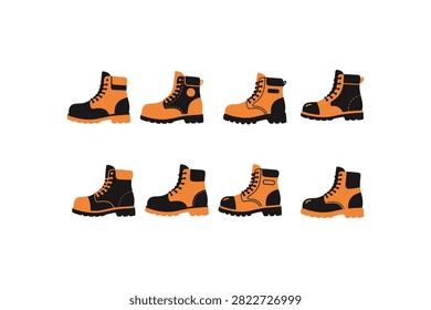 This premium flat vector icon set showcases a collection of modern safety boots designed for industrial, construction, engineering, manufacturing, and workplace protection. 