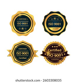 This premium quality vector art design features a certified ISO 9001 emblem icon, modern aesthetic. It symbolizes trust and excellence, ideal for brands emphasizing quality assurance.
