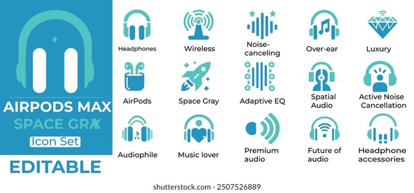 This premium set of editable icons showcases the iconic AirPods Max in Space Gray. Perfect for web, app, and UI projects. Includes icons for AirPods, wireless, noise-canceling, over-ear, luxury, adapt