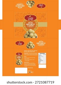 "Esta caja de dulces premium cuenta con una base de cartón duro resistente y laminado con un estampado vibrante de inspiración cultural, que muestra dulces indios artesanales a través de un recorte de ventana transparente, perfecto para regalar en celebraciones como Diwali o bodas
