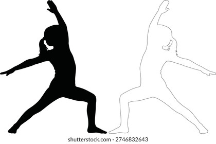 This premium vector asset features a high-quality dual-representation of a young girl performing a classic yoga warrior pose (Virabhadrasana). The set is meticulously crafted to include both a solid black silhouette and a minimalist line art outline, providing maximum versatility for graphic designers and content creators. These illustrations are designed with the technical precision required for commercial stock marketplaces, featuring clean, sharp edges that remain perfectly defined even when scaled for large-format printing or 8K digital displays.
In the context of modern wellness, these icons serve as an ideal visual for childhood health, mindfulness programs, and physical education. The minimalist aesthetic allows the icons to blend seamlessly into various design environments, from mobile app interfaces for fitness tracking to educational posters and yoga studio branding. Because the set includes both a silhouette and an outline, it offers a 